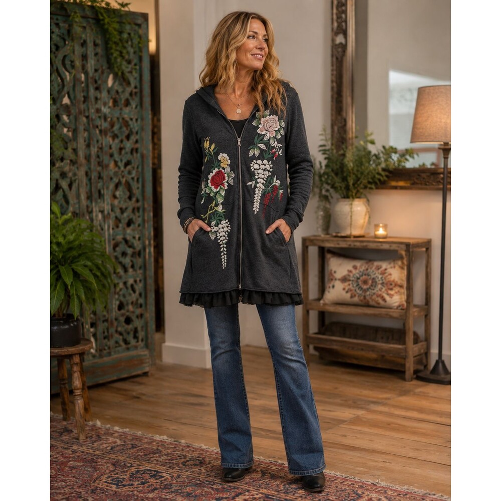 Johnny Was 4 Love & Liberty Embroidered Tunic Zip Up Jacket M Floral Cashmere